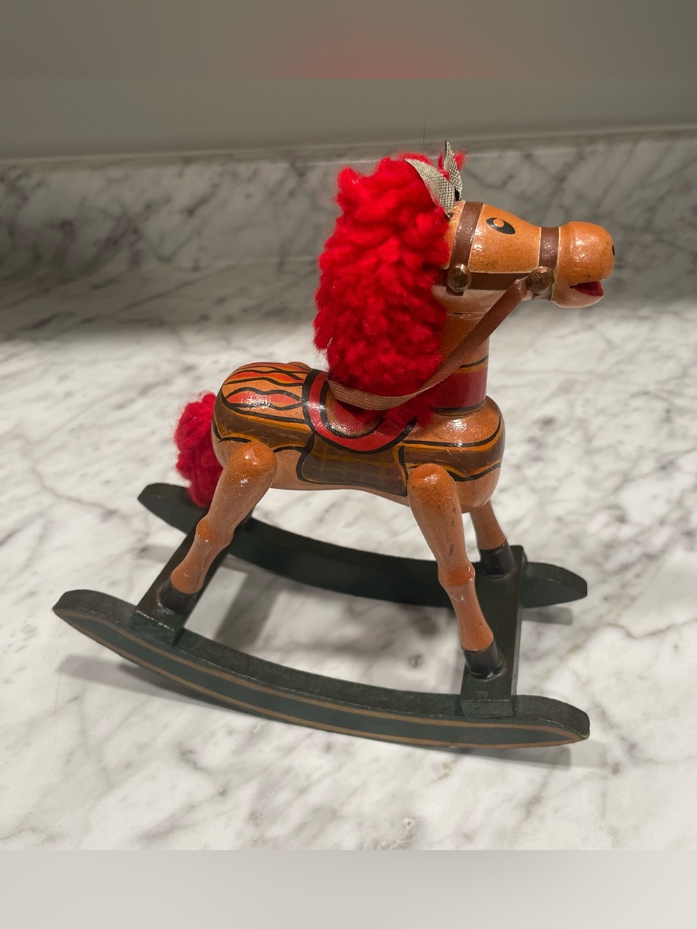 Vintage Wood Red Toy Rocking Horse with Yarn Tail/Mane Hand-Painted Leather Ears